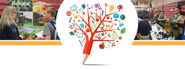 Students and professionals at career showcase. Pencil illustration with icons representing multiple school subjects.