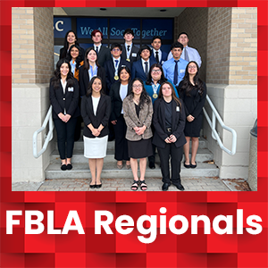  FBLA students on stairs on red background